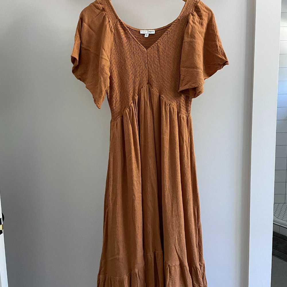 Fall Dress Baltic Born Casual Camel Felicity Smocked Neutral L/XL Worn Once